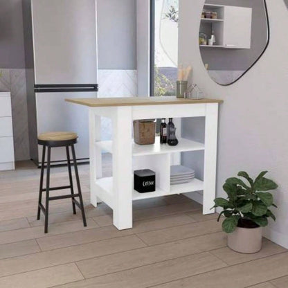 Kitchen Island, kitchen table 35 H, 3 Open Shelves, White/Macadamia