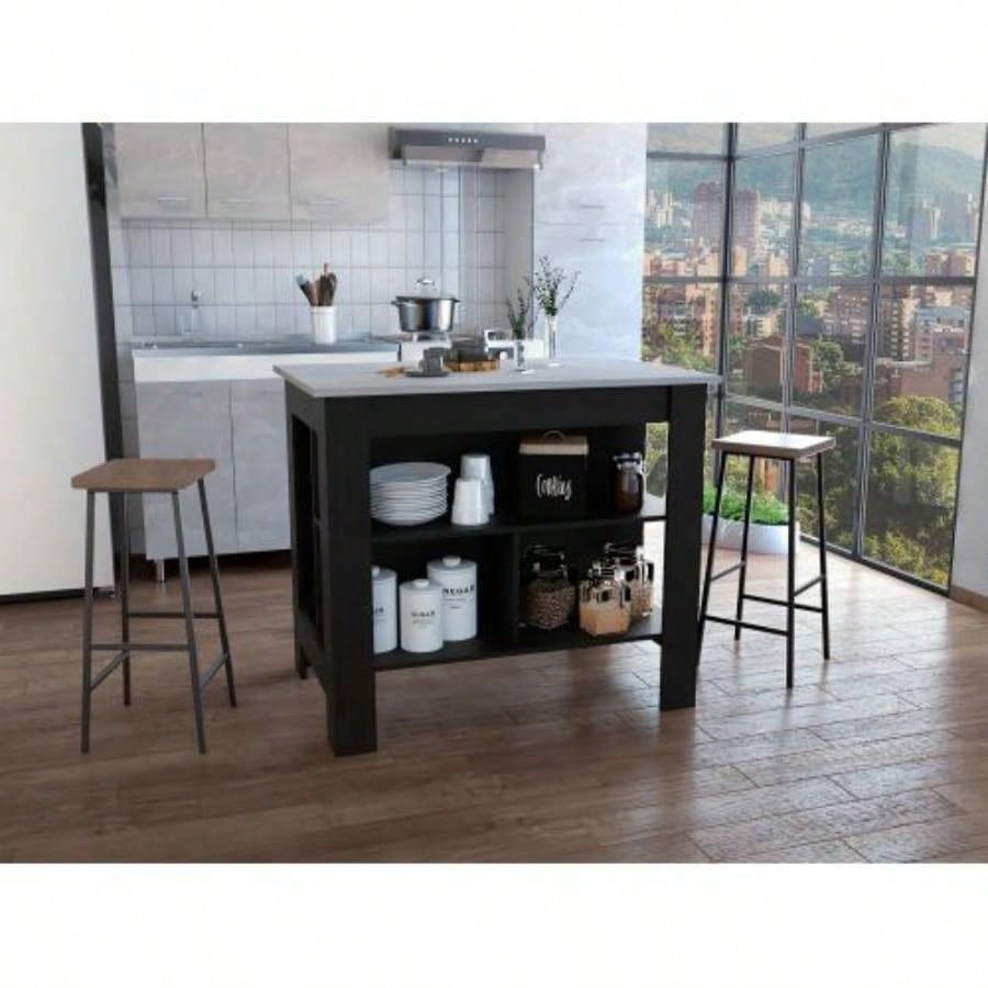 Kitchen Island, kitchen table 35 H, Four, Three Open Storage Shelves, Black/ Ibiza Marble