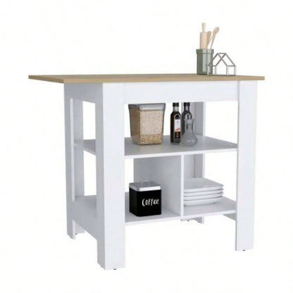 Kitchen Island, kitchen table 35 H, 3 Open Shelves, White/Macadamia
