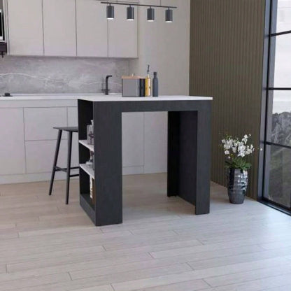 Kitchen Island, Kitchen Bar Table 36 H, with 3 - Side Shelves, White, Wengue/ Ibiza Marble Color
