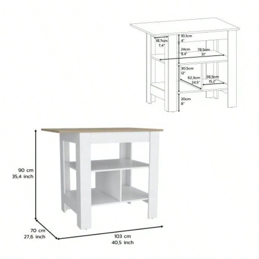 Kitchen Island, kitchen table 35 H, 3 Open Shelves, White/Macadamia