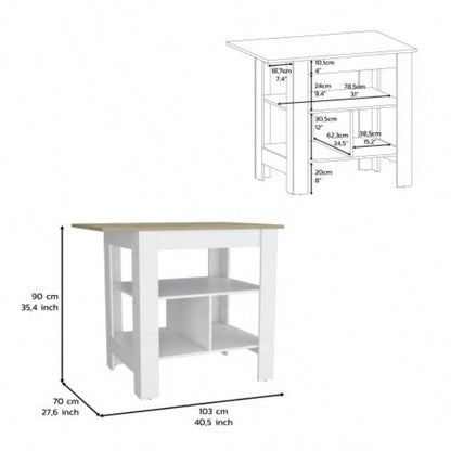 Kitchen Island, kitchen table 35 H, 3 Open Shelves, White/Macadamia