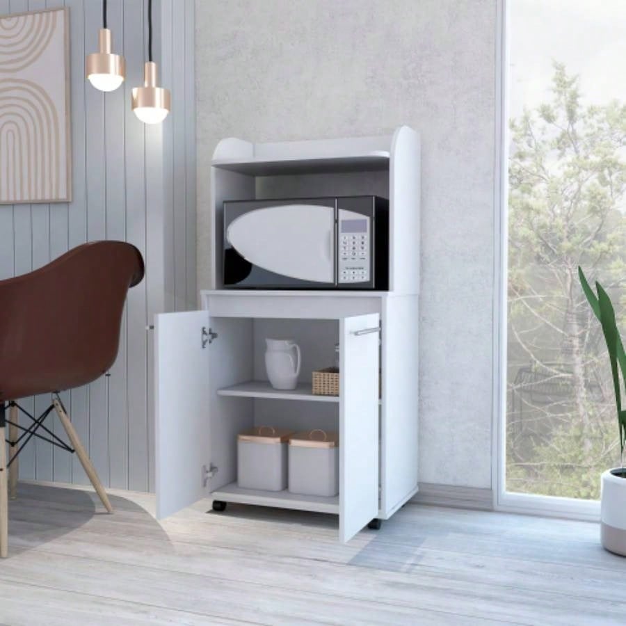 Kitchen Cart 49 H, Two Door Cabinet, One Open Shelf, Two Interior Shelves, White