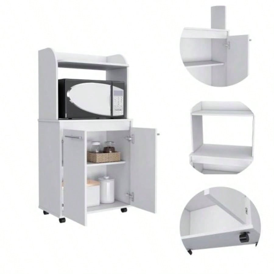 Kitchen Cart 49 H, Two Door Cabinet, One Open Shelf, Two Interior Shelves, White