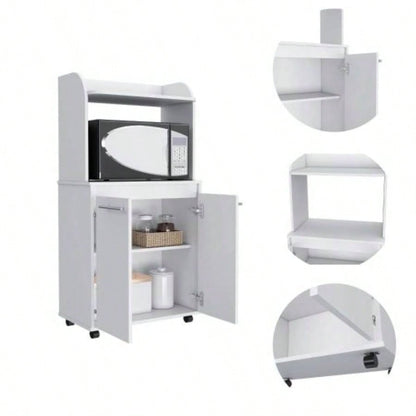 Kitchen Cart 49 H, Two Door Cabinet, One Open Shelf, Two Interior Shelves, White