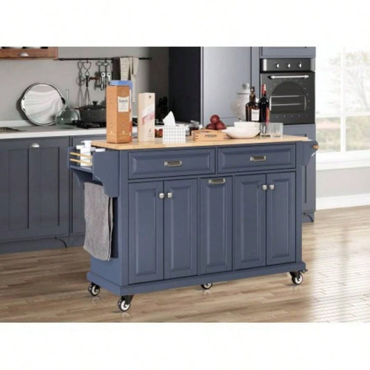 Kitchen Island with Rubber wood Countertop, Kitchen Cart on 5 Wheels with Storage Cabinet and 2 Top Drawers and A center double layered storage drawer Dinning Room, Blue