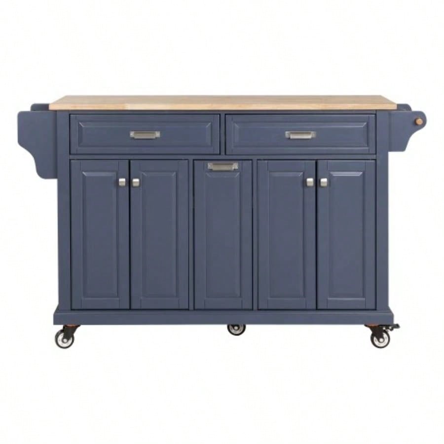 Kitchen Island with Rubber wood Countertop, Kitchen Cart on 5 Wheels with Storage Cabinet and 2 Top Drawers and A center double layered storage drawer Dinning Room, Blue