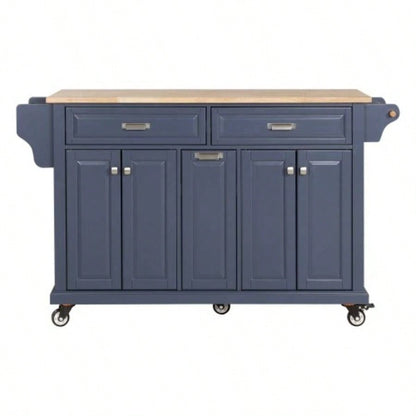 Kitchen Island with Rubber wood Countertop, Kitchen Cart on 5 Wheels with Storage Cabinet and 2 Top Drawers and A center double layered storage drawer Dinning Room, Blue