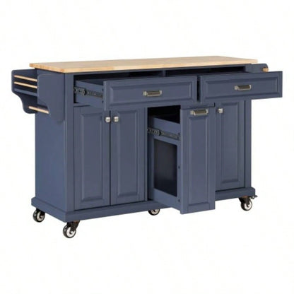 Kitchen Island with Rubber wood Countertop, Kitchen Cart on 5 Wheels with Storage Cabinet and 2 Top Drawers and A center double layered storage drawer Dinning Room, Blue