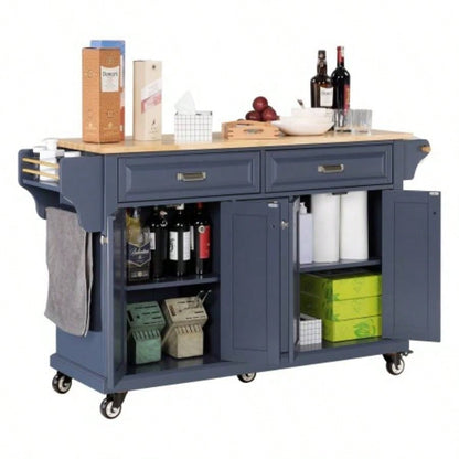 Kitchen Island with Rubber wood Countertop, Kitchen Cart on 5 Wheels with Storage Cabinet and 2 Top Drawers and A center double layered storage drawer Dinning Room, Blue