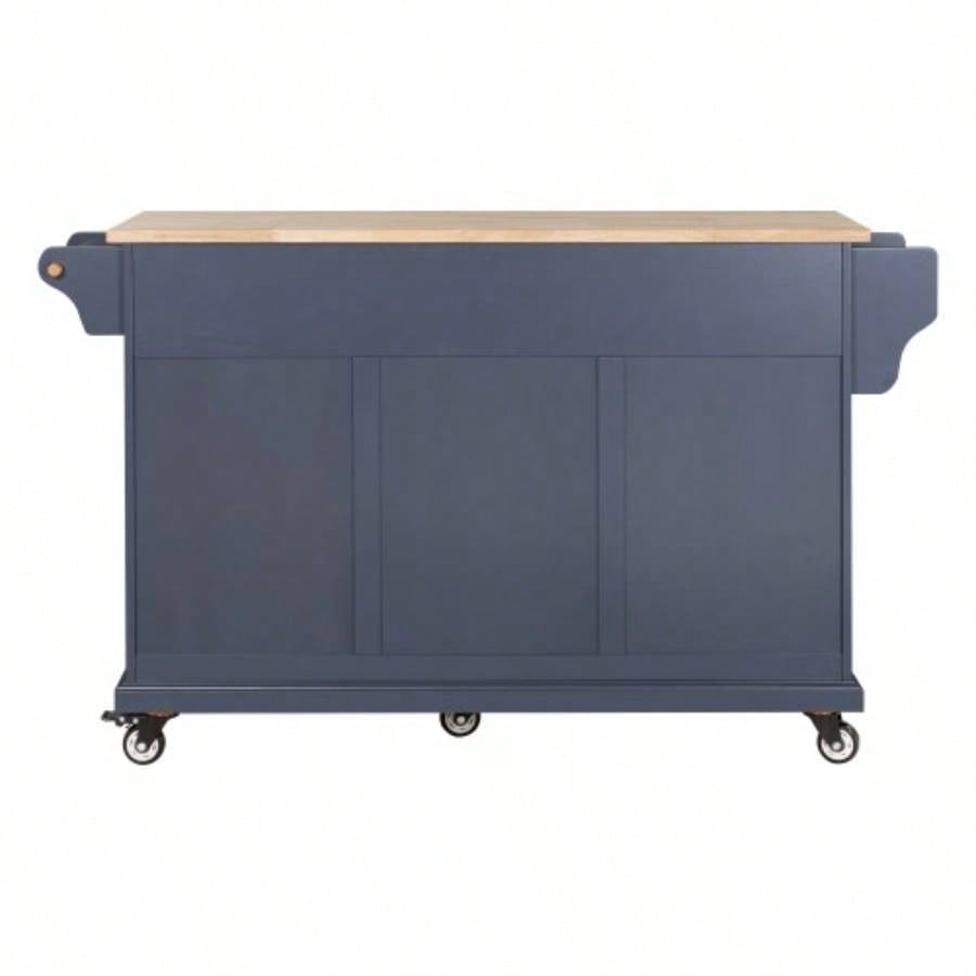 Kitchen Island with Rubber wood Countertop, Kitchen Cart on 5 Wheels with Storage Cabinet and 2 Top Drawers and A center double layered storage drawer Dinning Room, Blue