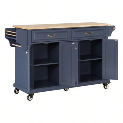 Kitchen Island with Rubber wood Countertop, Kitchen Cart on 5 Wheels with Storage Cabinet and 2 Top Drawers and A center double layered storage drawer Dinning Room, Blue