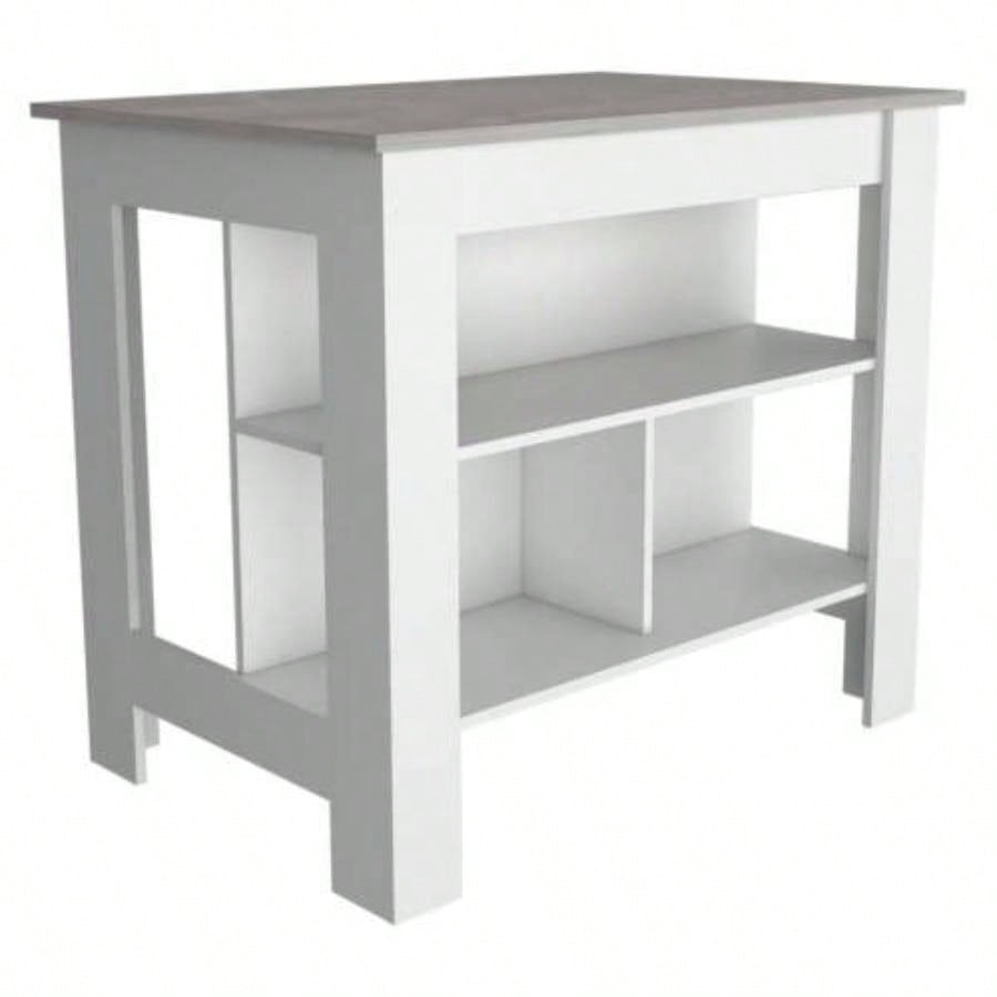 Kitchen Island, kitchen table 35 H, Four, Three Open Storage Shelves, White/ Ibiza Marble