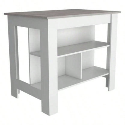 Kitchen Island, kitchen table 35 H, Four, Three Open Storage Shelves, White/ Ibiza Marble