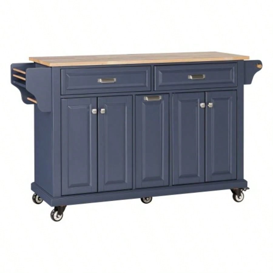 Kitchen Island with Rubber wood Countertop, Kitchen Cart on 5 Wheels with Storage Cabinet and 2 Top Drawers and A center double layered storage drawer Dinning Room, Blue