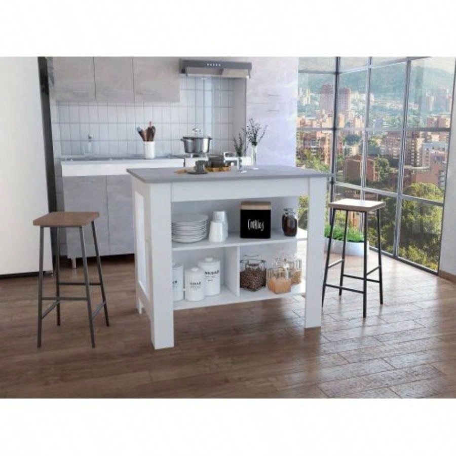 Kitchen Island, kitchen table 35 H, Four, Three Open Storage Shelves, White/ Ibiza Marble