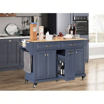 Kitchen Island with Rubber wood Countertop, Kitchen Cart on 5 Wheels with Storage Cabinet and 2 Top Drawers and A center double layered storage drawer Dinning Room, Blue