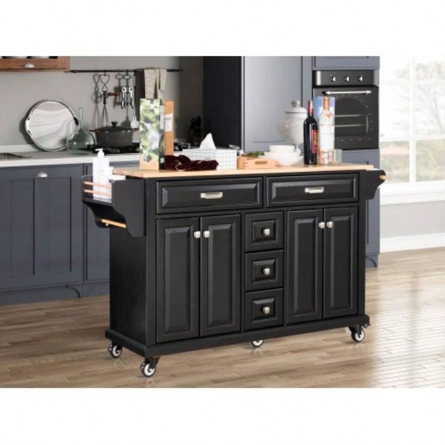 Kitchen Island with Rubber wood Countertop, Kitchen Cart on 5 Wheels with Storage Cabinet and 5 Drawers Dinning Room, Black