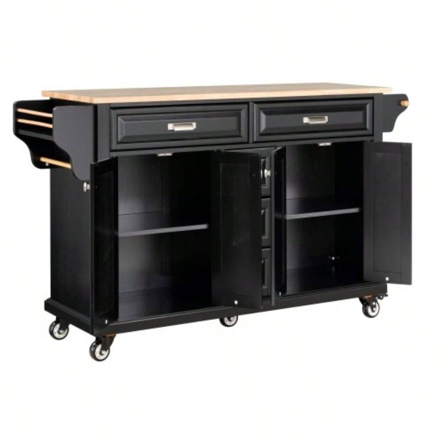 Kitchen Island with Rubber wood Countertop, Kitchen Cart on 5 Wheels with Storage Cabinet and 5 Drawers Dinning Room, Black