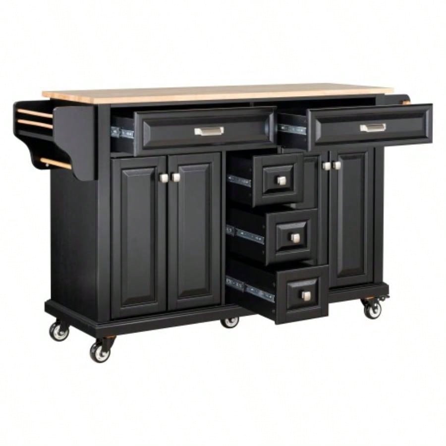 Kitchen Island with Rubber wood Countertop, Kitchen Cart on 5 Wheels with Storage Cabinet and 5 Drawers Dinning Room, Black