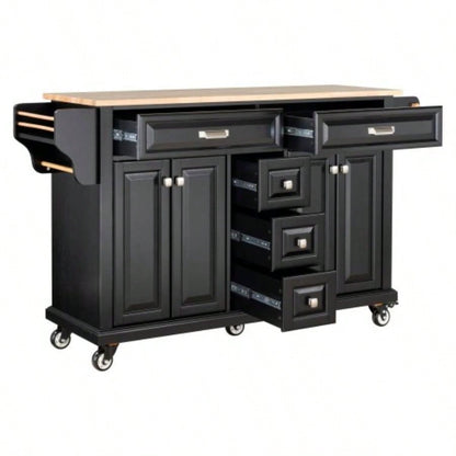 Kitchen Island with Rubber wood Countertop, Kitchen Cart on 5 Wheels with Storage Cabinet and 5 Drawers Dinning Room, Black