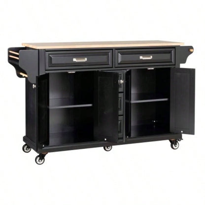 Kitchen Island with Rubber wood Countertop, Kitchen Cart on 5 Wheels with Storage Cabinet and 5 Drawers Dinning Room, Black