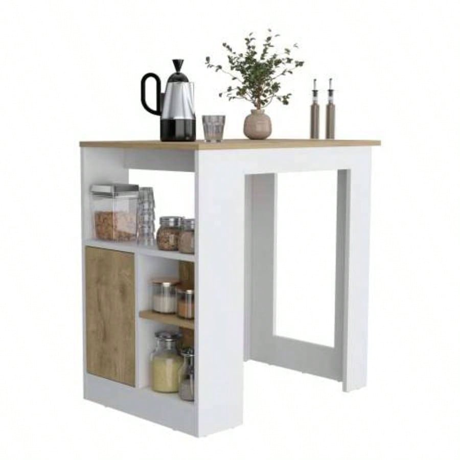Kitchen Island 36 H, Three Open Side Storage Shelves and One Push - to - Open Cabinet, White/Macadamia