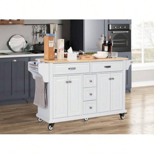 Kitchen Island with Rubber wood Countertop, Kitchen Cart on 5 Wheels with Storage Cabinet and 5 Drawers Dinning Room, White