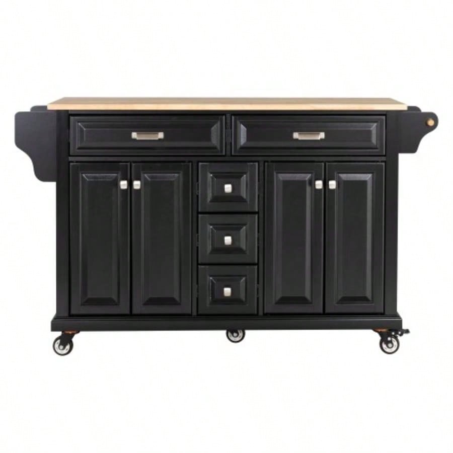 Kitchen Island with Rubber wood Countertop, Kitchen Cart on 5 Wheels with Storage Cabinet and 5 Drawers Dinning Room, Black
