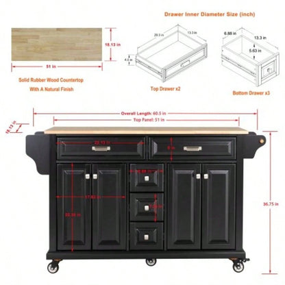 Kitchen Island with Rubber wood Countertop, Kitchen Cart on 5 Wheels with Storage Cabinet and 5 Drawers Dinning Room, Black