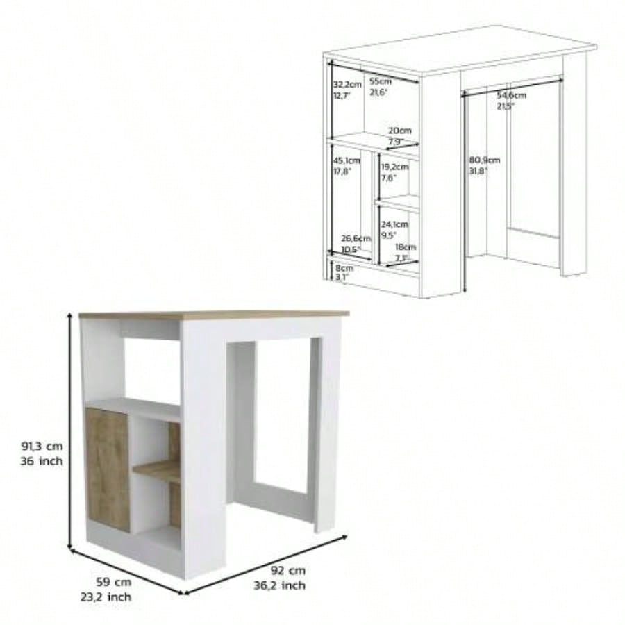 Kitchen Island 36 H, Three Open Side Storage Shelves and One Push - to - Open Cabinet, White/Macadamia
