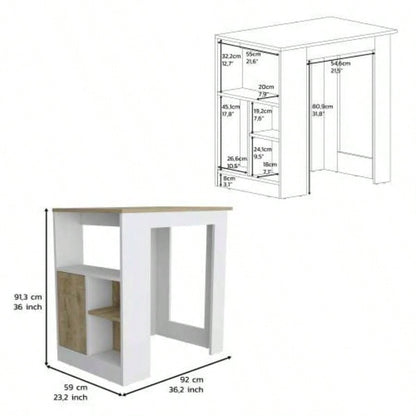Kitchen Island 36 H, Three Open Side Storage Shelves and One Push - to - Open Cabinet, White/Macadamia