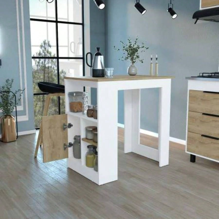 Kitchen Island 36 H, Three Open Side Storage Shelves and One Push - to - Open Cabinet, White/Macadamia