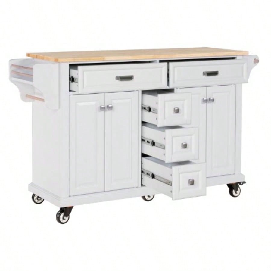 Kitchen Island with Rubber wood Countertop, Kitchen Cart on 5 Wheels with Storage Cabinet and 5 Drawers Dinning Room, White