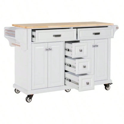 Kitchen Island with Rubber wood Countertop, Kitchen Cart on 5 Wheels with Storage Cabinet and 5 Drawers Dinning Room, White