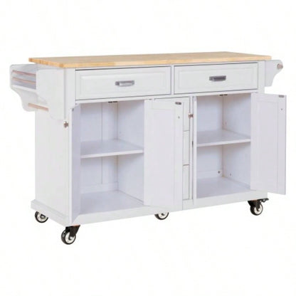 Kitchen Island with Rubber wood Countertop, Kitchen Cart on 5 Wheels with Storage Cabinet and 5 Drawers Dinning Room, White