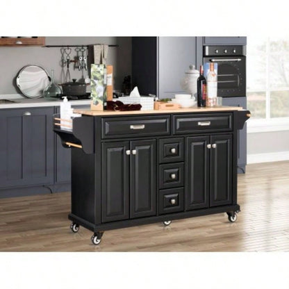 Kitchen Island with Rubber wood Countertop, Kitchen Cart on 5 Wheels with Storage Cabinet and 5 Drawers Dinning Room, Black