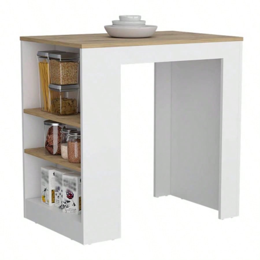 Kitchen Island Doyle, Three Side Shelves, White and Light Oak