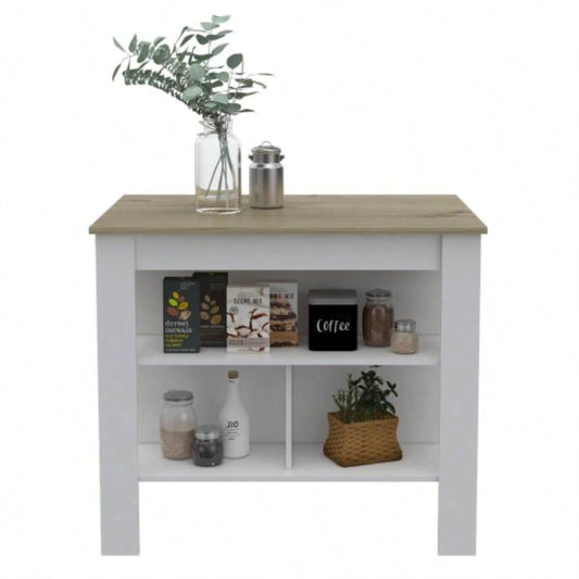 Kitchen Island, Kitchen Table 35 H, Three Open Storage Shelves, Four, White/Light Oak
