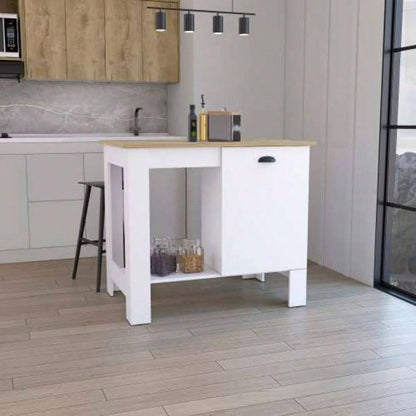 Kitchen Island 35 H, One Storage Cabinet with Door, Two Internal Shelves, One Open storage Shelf, White/Macadamia