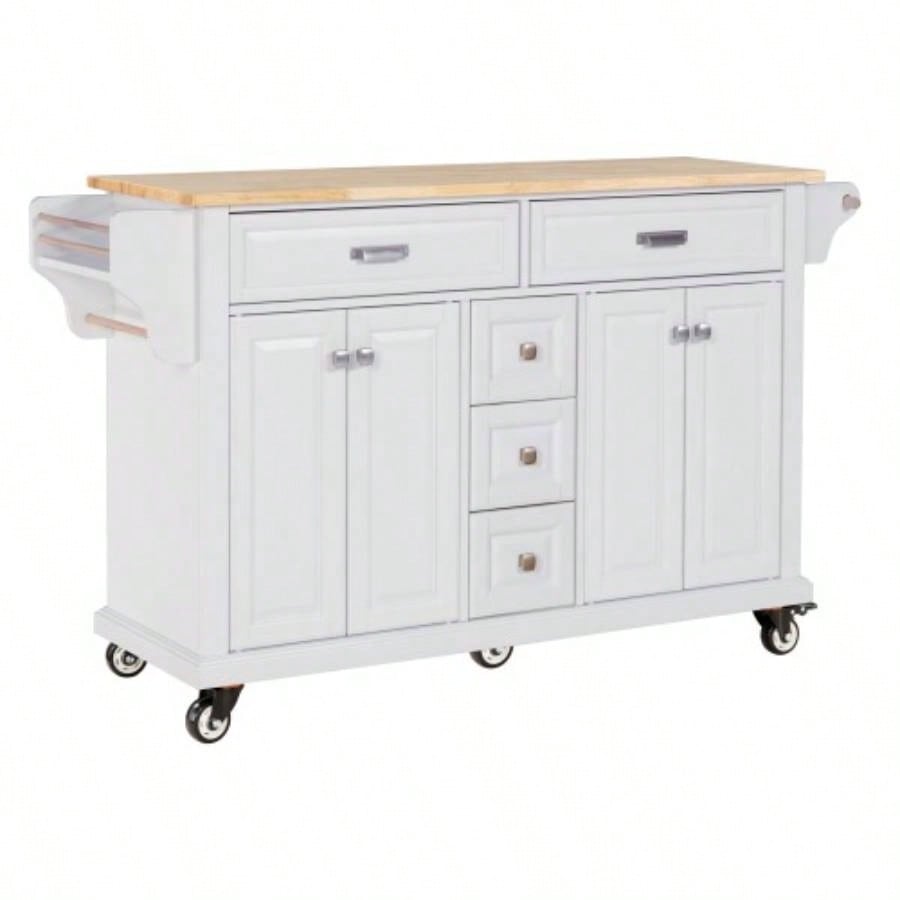 Kitchen Island with Rubber wood Countertop, Kitchen Cart on 5 Wheels with Storage Cabinet and 5 Drawers Dinning Room, White