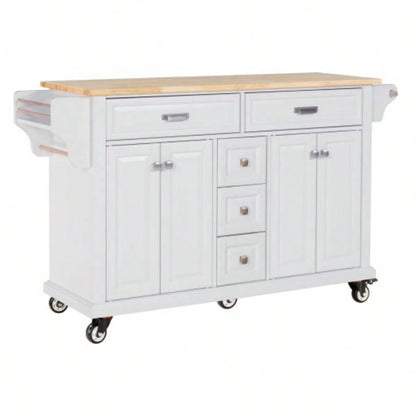 Kitchen Island with Rubber wood Countertop, Kitchen Cart on 5 Wheels with Storage Cabinet and 5 Drawers Dinning Room, White