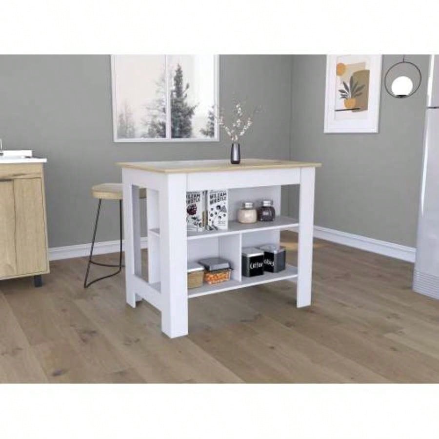 Kitchen Island, Kitchen Table 35 H, Three Open Storage Shelves, Four, White/Light Oak