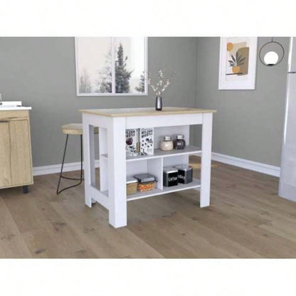 Kitchen Island, Kitchen Table 35 H, Three Open Storage Shelves, Four, White/Light Oak