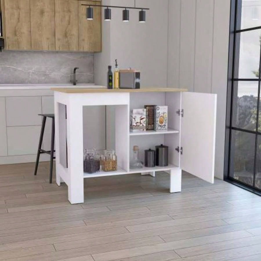 Kitchen Island 35 H, One Storage Cabinet with Door, Two Internal Shelves, One Open storage Shelf, White/Macadamia