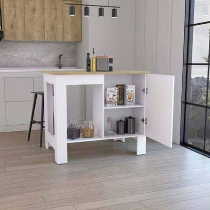Kitchen Island 35 H, One Storage Cabinet with Door, Two Internal Shelves, One Open storage Shelf, White/Macadamia