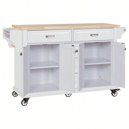 Kitchen Island with Rubber wood Countertop, Kitchen Cart on 5 Wheels with Storage Cabinet and 5 Drawers Dinning Room, White