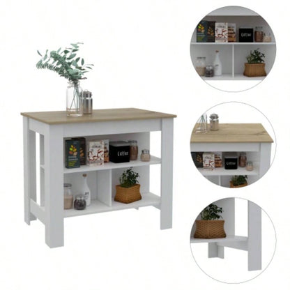 Kitchen Island, Kitchen Table 35 H, Three Open Storage Shelves, Four, White/Light Oak