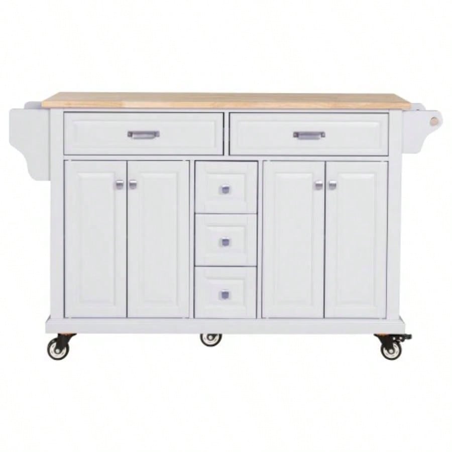 Kitchen Island with Rubber wood Countertop, Kitchen Cart on 5 Wheels with Storage Cabinet and 5 Drawers Dinning Room, White