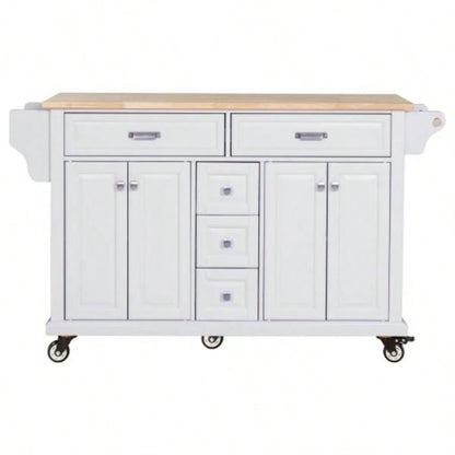 Kitchen Island with Rubber wood Countertop, Kitchen Cart on 5 Wheels with Storage Cabinet and 5 Drawers Dinning Room, White